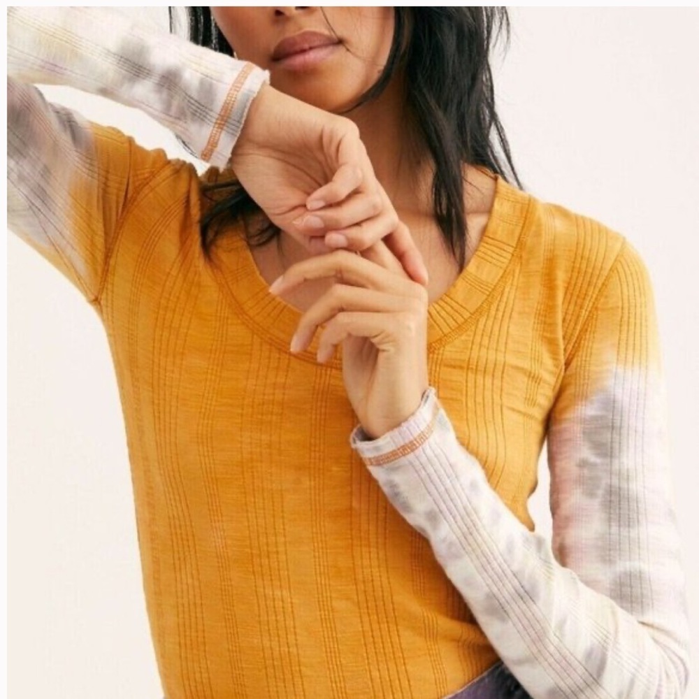 FREE PEOPLE Big Sur Tie Dye Long Sleeve Shirt Yellow Size Large